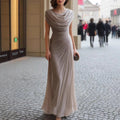 Women's Elegant Pleated Maxi Dress Slim Fit Sleeveless Cowl Neck Formal Gown