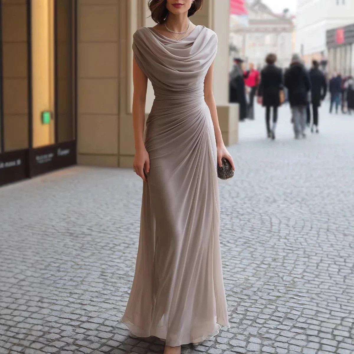 Women's Elegant Pleated Maxi Dress Slim Fit Sleeveless Cowl Neck Formal Gown